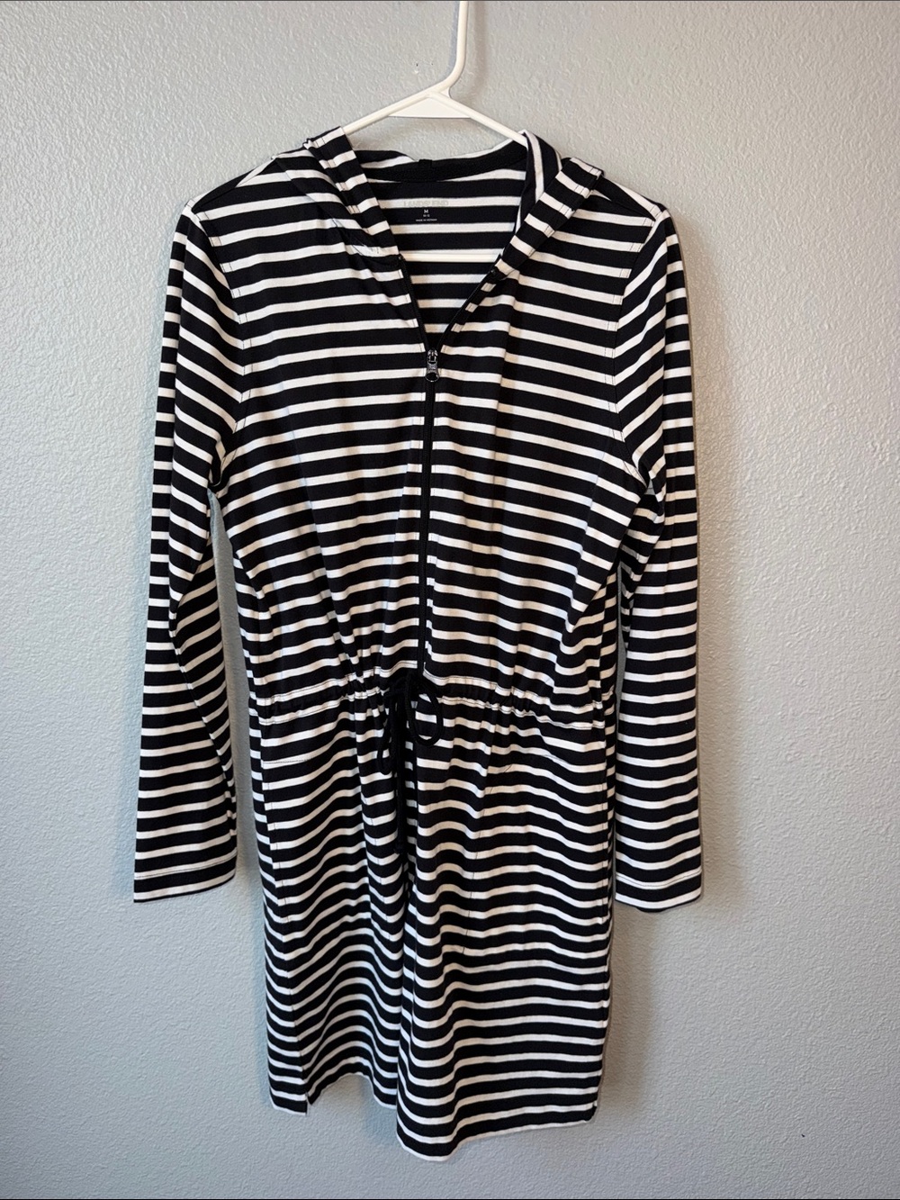 Lands End Striped Black & White Hooded Zip Dress-Swim Coverup